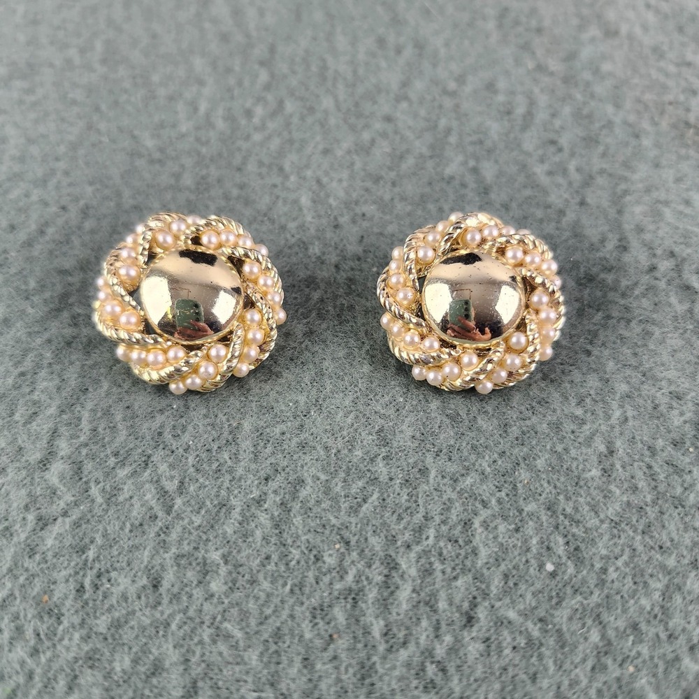 Vintage Gold Tone Faux Pearl Button Clip On Earrings Rope Twist Statement Round